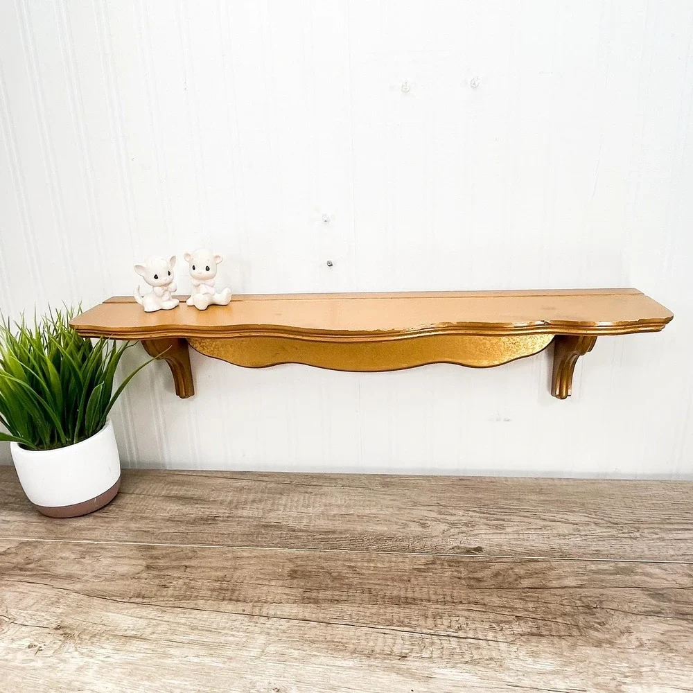 Vintage Gold Wooden Plate Shelf - Vintage Wood Curio